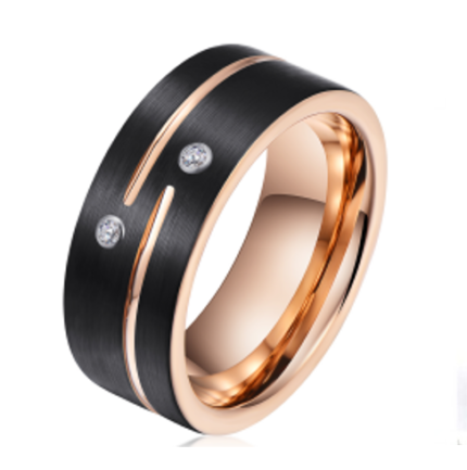 Bague en tungstène noir rainuré or rose